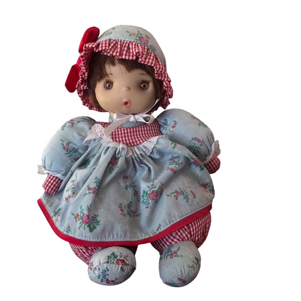 Vintage Geli Soft Body Doll Vinyl Face Blue Floral Red‎ Gingham Dress Bonnet 10"